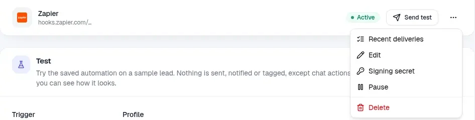 The webhook's actions menu open, with Recent deliveries, Edit, Signing secret, Pause and Delete