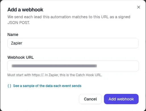 The Add a webhook window with Name set to Zapier, the Webhook URL filled in and hidden, and the Cancel and Add webhook buttons