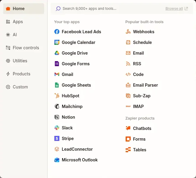 The Zapier app picker, with Webhooks at the top of Popular built-in tools