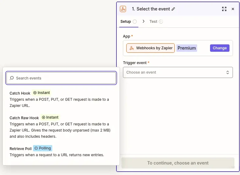 The Select the event panel with Webhooks by Zapier as the app, and the event list open with Catch Hook, Catch Raw Hook and Retrieve Poll