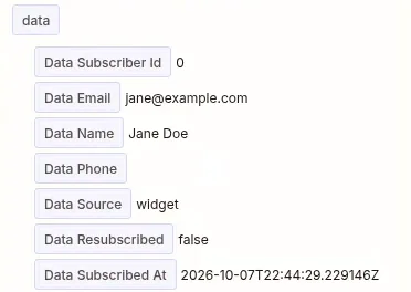 The data fields in the Zapier sample: Data Subscriber Id, Data Email jane@example.com, Data Name Jane Doe, Data Phone, Data Source widget, Data Resubscribed false and Data Subscribed At