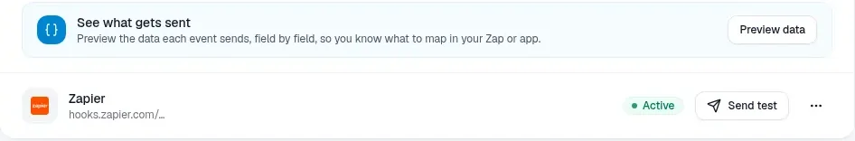The new Zapier webhook below See what gets sent, with hooks.zapier.com, an Active badge, the Send test button and the actions menu