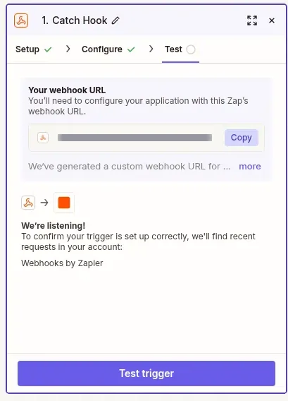 The Catch Hook Test tab, with Your webhook URL hidden, a Copy button, We're listening! and the Test trigger button