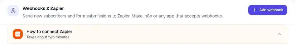 The top of the Webhooks and Zapier section on an automation, with the Add webhook button and the How to connect Zapier box